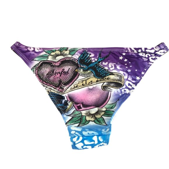 Sinful by Affliction Bikini Bottom Studded Birds Leopard Rhinestone Blue Size XS - Picture 2 of 4
